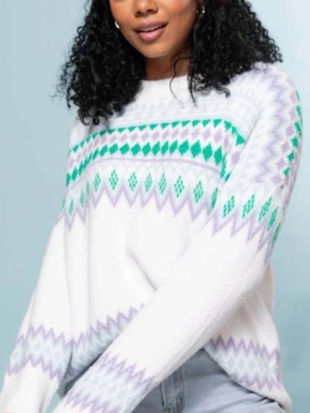Pink Lily | Purple/Green/Blue/Cream Fair Isle Super Soft Oversized Sweater Sz XS
